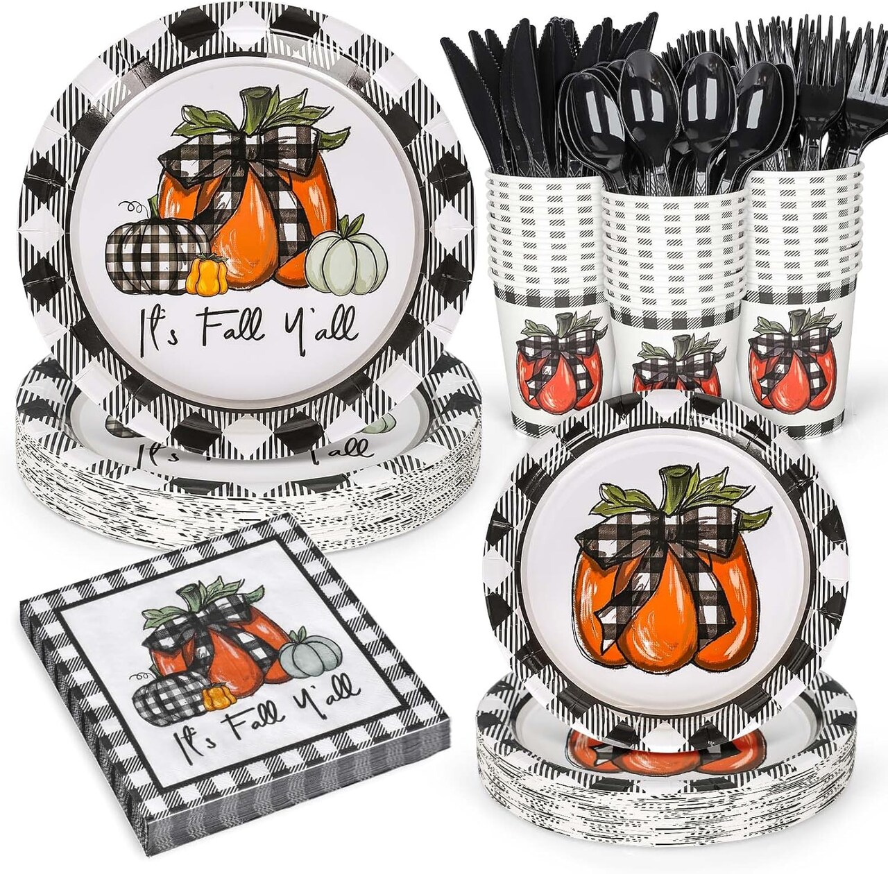 168 Pcs Thanksgiving Buffalo Plaid Disposable Party Supplies for 24 Guests (Plates, Napkins, Cups & Cutlery)